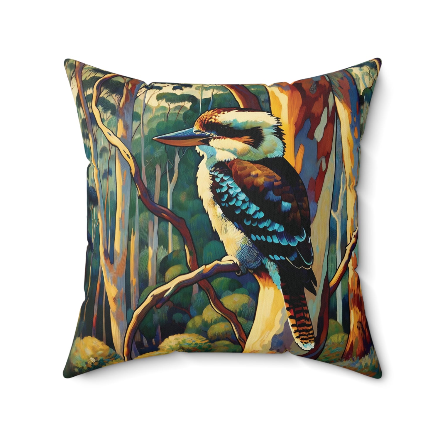 Decorative pillow with a colorful kookaburra design on a forest background