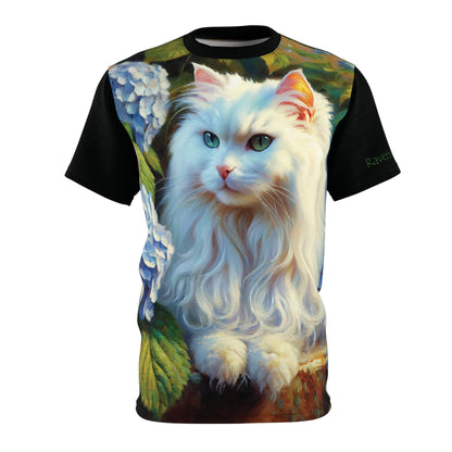 White Cat with Hydrangeas Vibrant Art Tee | Colorful Unisex Cut & Sew T-Shirt, Cat Lover Apparel, Unique Graphic Tee, Birthday Gift