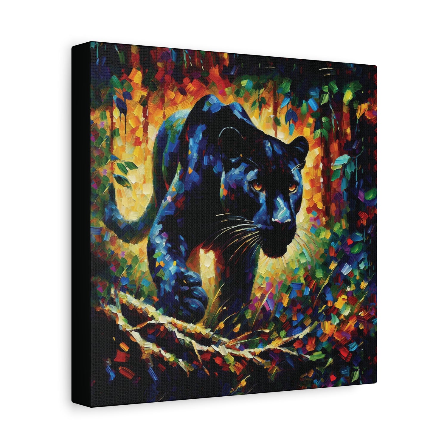 A canvas wall art print of a striking black panther stalkiing in a colorful jungle setting.