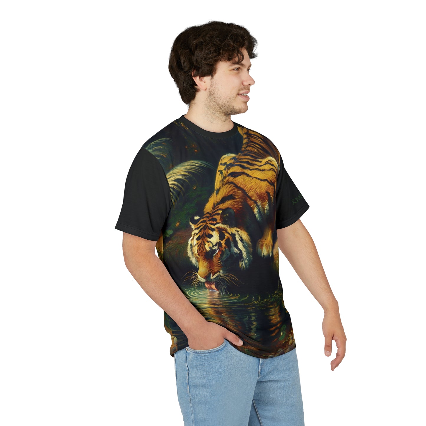 Tiger Drinking Vibrant Art Tee | Colorful Unisex Cut & Sew T-Shirt, Wildlife Apparel, Unique Graphic Tee, Birthday Gift