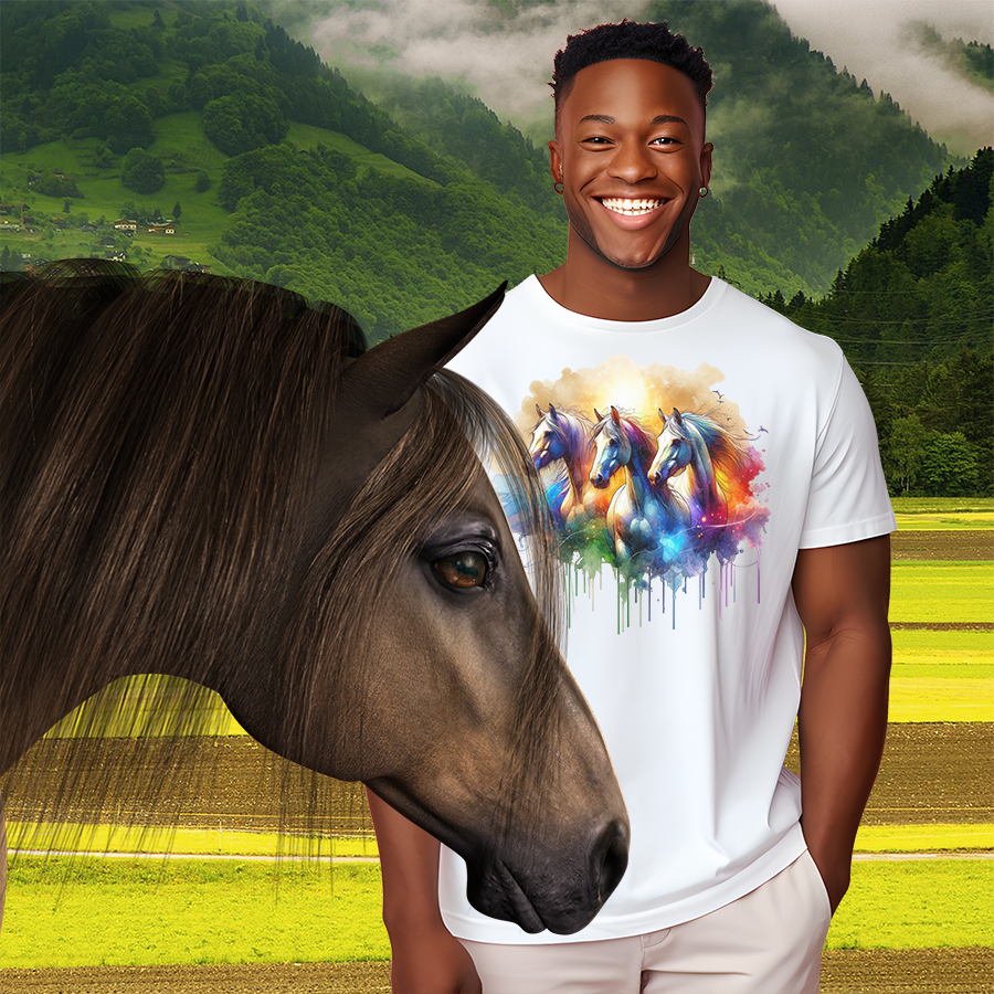 Man wearing one of Raven's Worlds Horse T-shirts standing with horse.