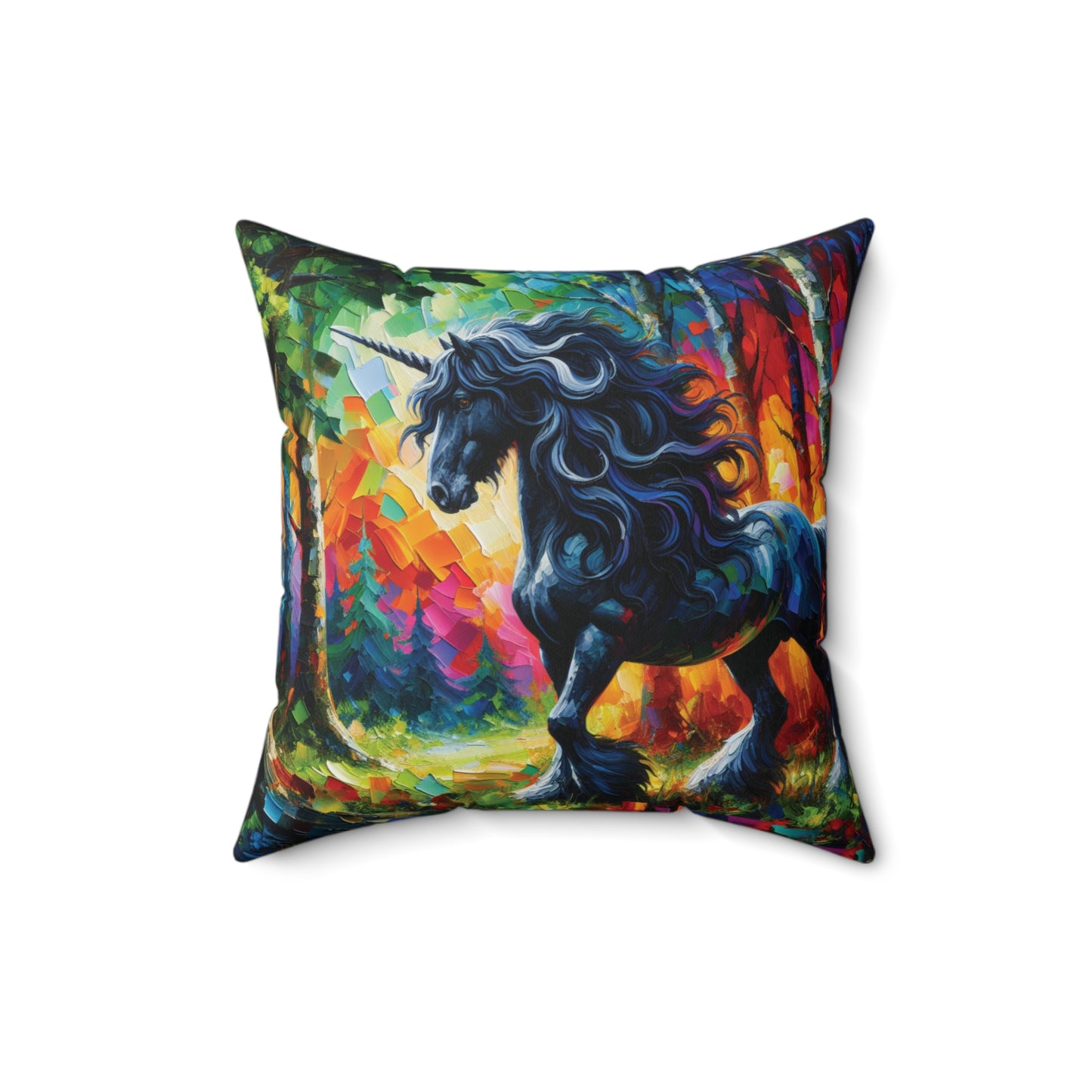 Elegant Black Stallion Unicorn - Square Pillow