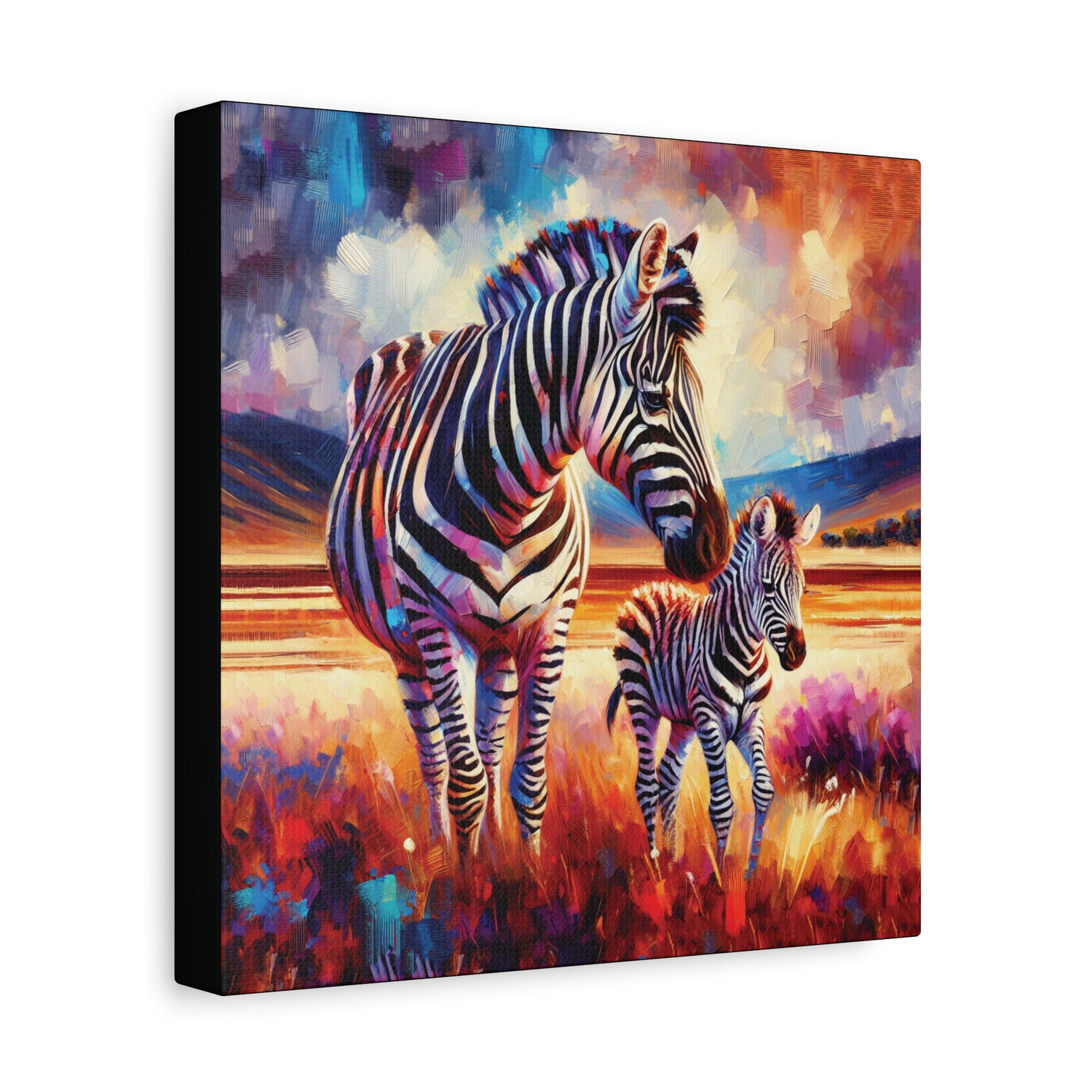 Canvas print of two zebras in a colorful landscape