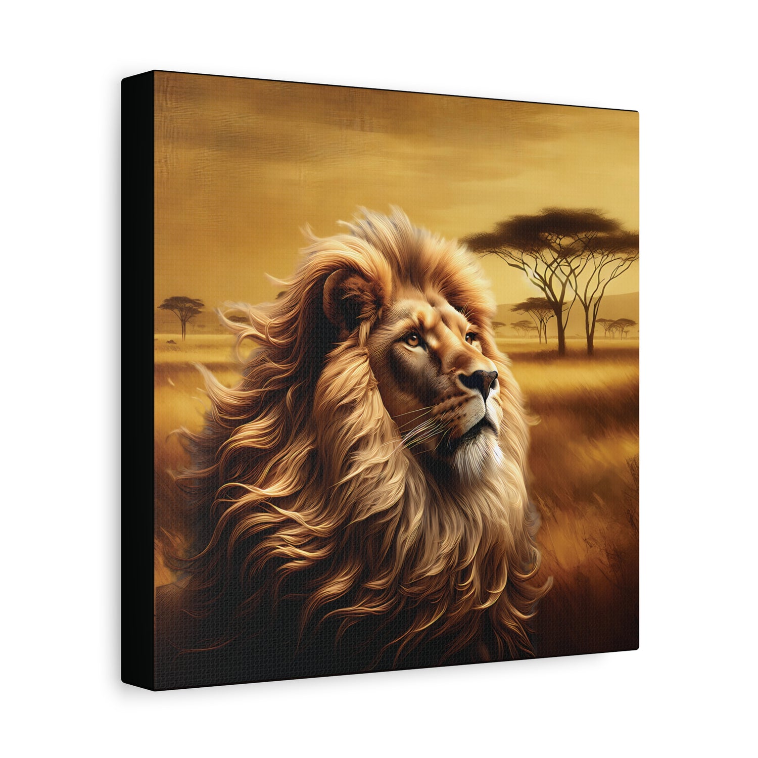 A canvas wall art print featuring a majestic lion resting on the African savannah with a tree in the background.