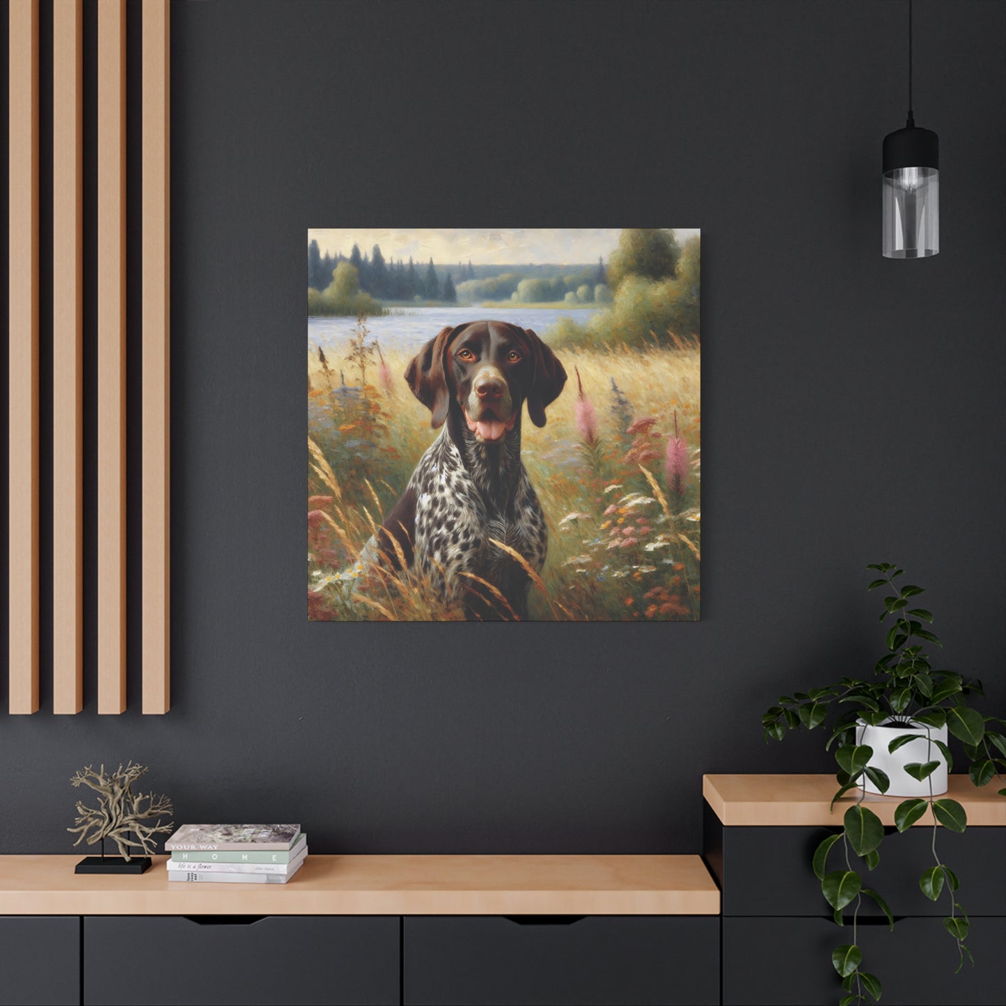 German Shorthaired Pointer by Lake, Canvas Wall Art in Impressionist Style
