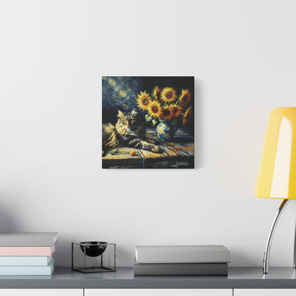 Canvas Wall Art - Grey Tabby Cat with Sunflowers - Old Master Style Art