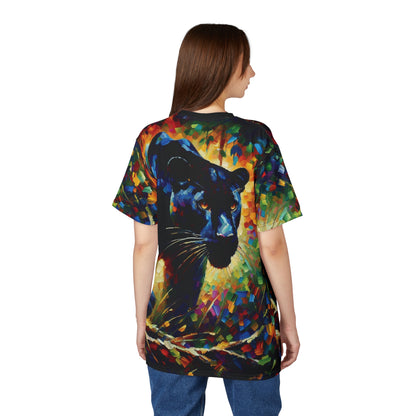 Stalking Black Panther in Jungle Vibrant Art Tee | Colorful Unisex Cut & Sew T-Shirt, Wildlife Apparel, Unique Graphic Tee, Birthday Gift