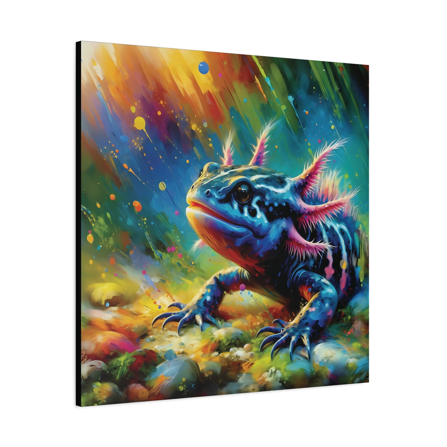 Colorful painting of an axolotl fantasy lizard with a vibrant background