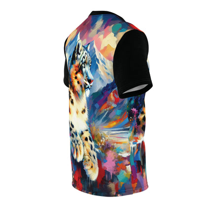 Himalayan Snow Leopard Vibrant Art Tee | Colorful Unisex Cut & Sew T-Shirt, Wildlife Apparel, Unique Graphic Tee, Birthday Gift