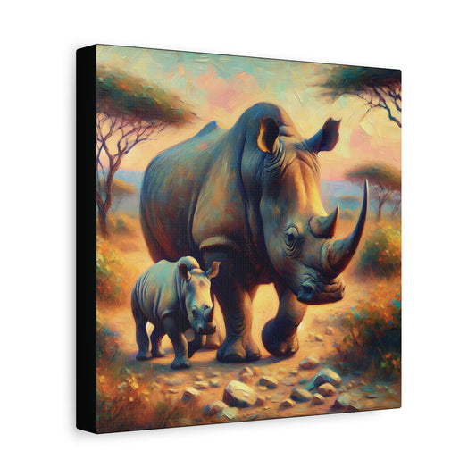 Rhino with Baby Impressionist Canvas Wall Art