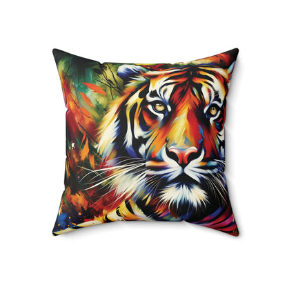 Tiger Pillow - Tiger Portrait in Bright Colors on Faux Suede Pillow