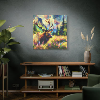 Bull Elk in Mountain Meadow Impressionist Canvas Art Print