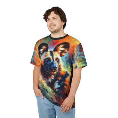 African Wild Dog Portrait Vibrant Art Tee | Colorful Unisex Cut & Sew T-Shirt, Wildlife Apparel, Unique Graphic Tee, Birthday Gift
