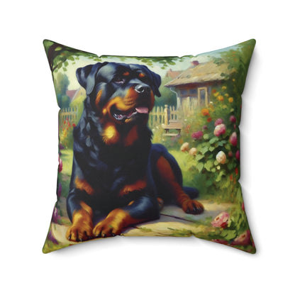 Rottweiler Throw Pillow - Impressionist Style Art - Rottweiler in Garden on Faux Suede Square Pillow