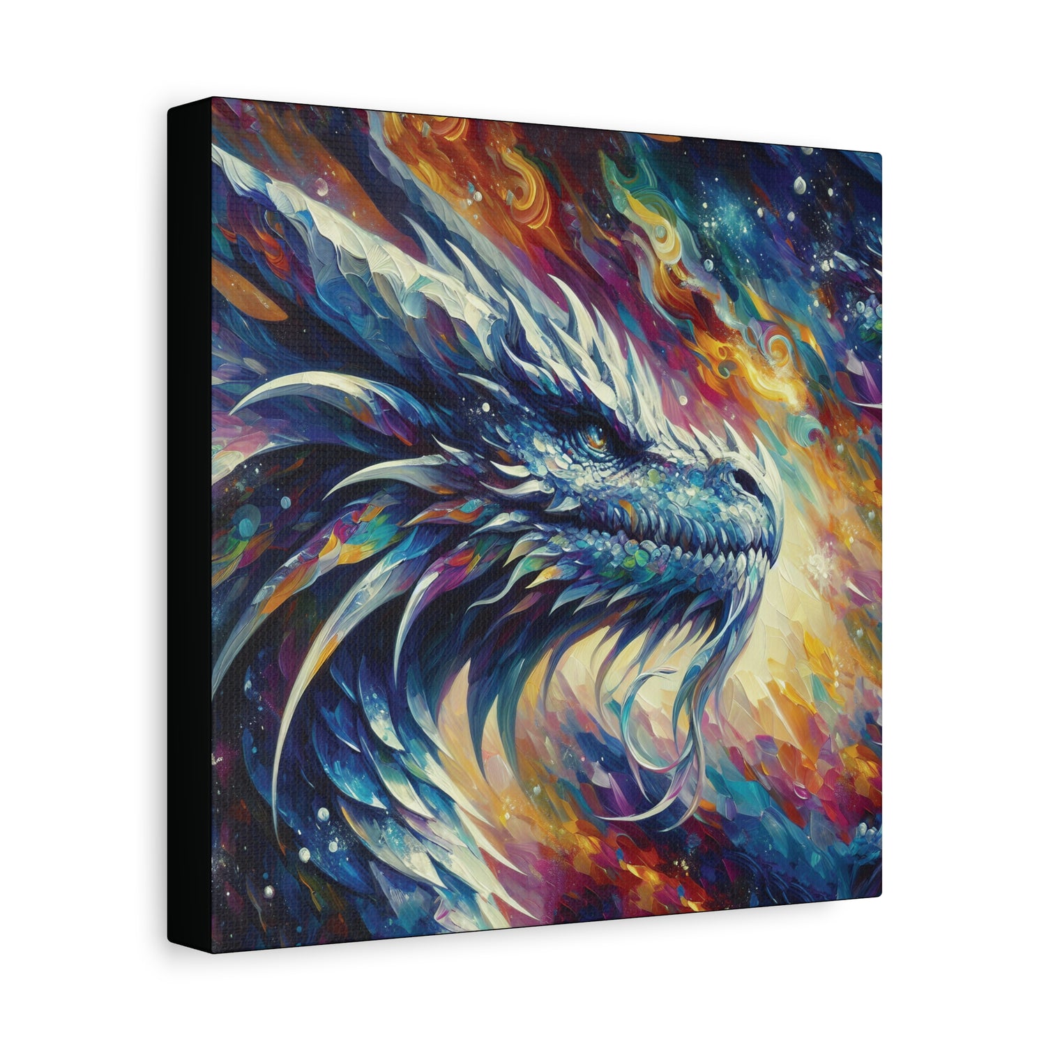 A canvas wall art print of an opal colored dragon with an impressionist art style on a colorful background.