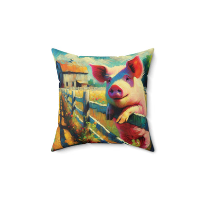 Pig Throw Pillow - Impressionist Style Art - Pig at Fence on Faux Suede Square Pillow