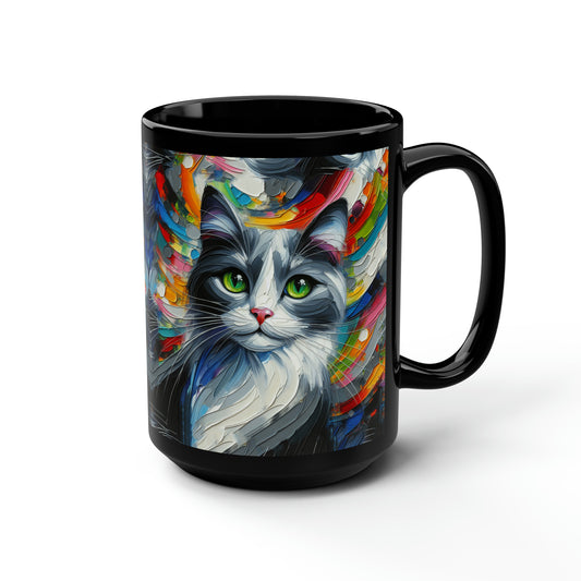 Grey and White Cat - Black Mug, 15oz