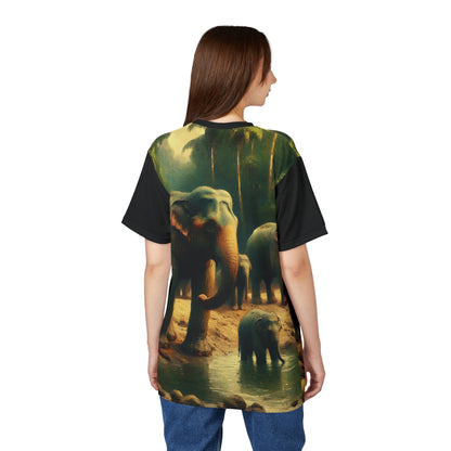 Asiatic Elephant Herd at Watering Hole Vibrant Art Tee | Colorful Unisex Cut & Sew T-Shirt, Wildlife Apparel, Unique Graphic Tee, Birthday Gift