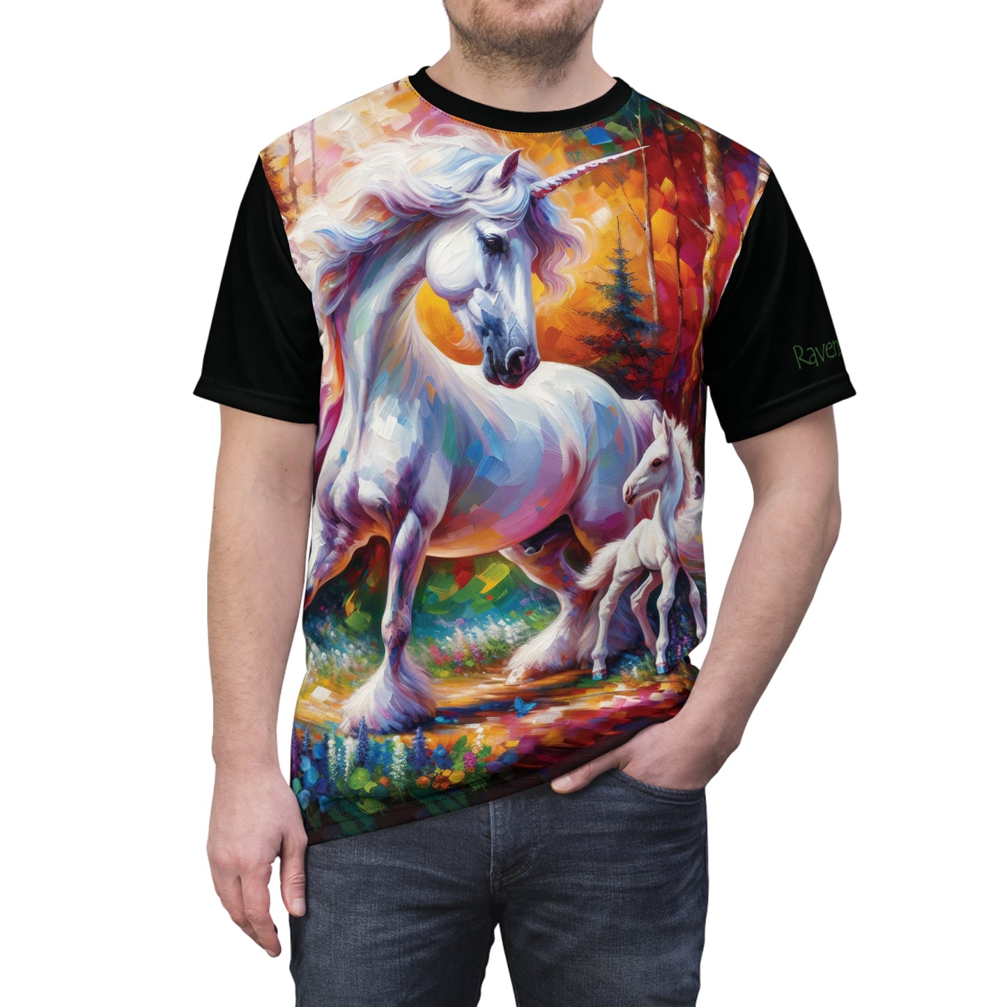 Unicorn Dad Meets Daughter Art Tee | Colorful Unisex Cut & Sew T-Shirt, Wildlife Apparel, Unique Graphic Tee