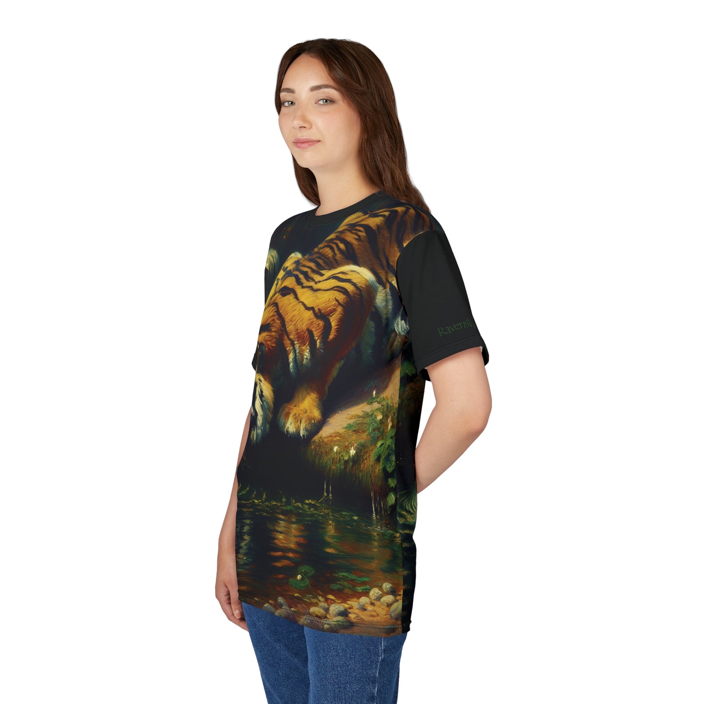 Tiger Drinking Vibrant Art Tee | Colorful Unisex Cut & Sew T-Shirt, Wildlife Apparel, Unique Graphic Tee, Birthday Gift