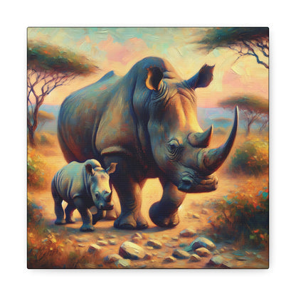 Rhino with Baby Impressionist Canvas Wall Art