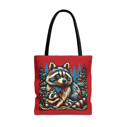 Woodcut Raccoon and Kits Tote Bag