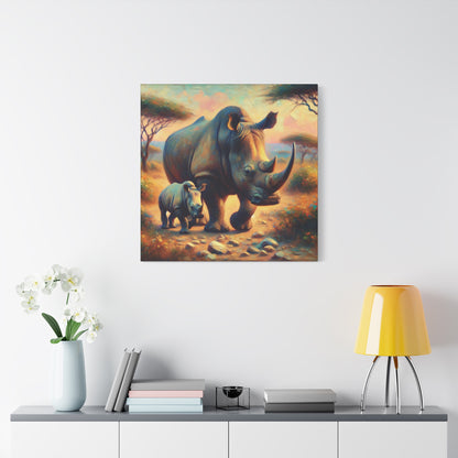 Rhino with Baby Impressionist Canvas Wall Art
