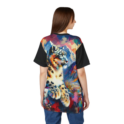 Himalayan Snow Leopard Vibrant Art Tee | Colorful Unisex Cut & Sew T-Shirt, Wildlife Apparel, Unique Graphic Tee, Birthday Gift