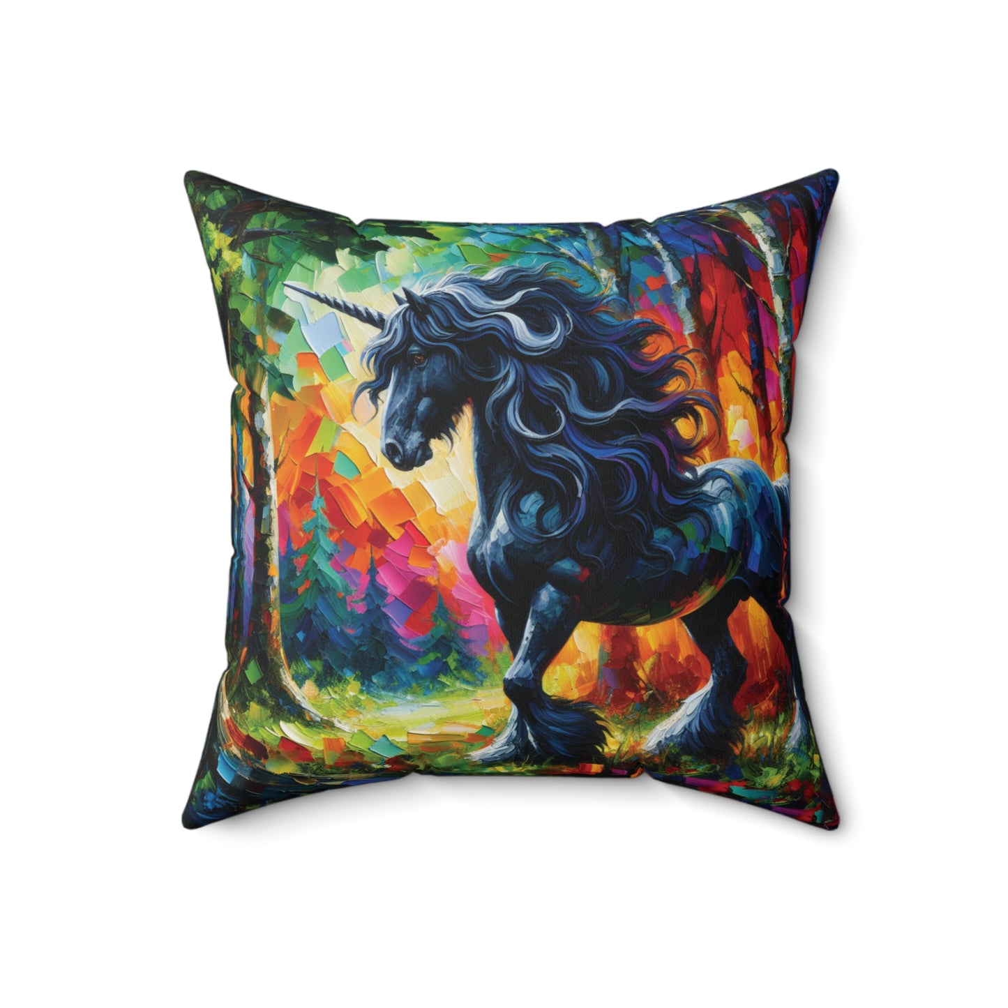 Elegant Black Stallion Unicorn - Square Pillow