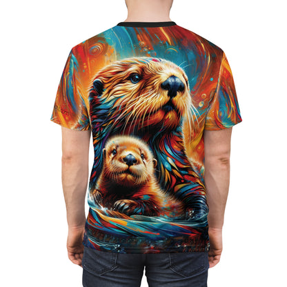 Sea Otters at Sunset Vibrant Art Tee | Colorful Unisex Cut & Sew T-Shirt, Wildlife Apparel, Unique Graphic Tee, Birthday Gift