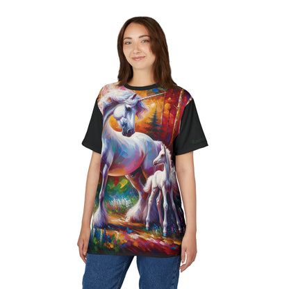 Unicorn Dad Meets Daughter Art Tee | Colorful Unisex Cut & Sew T-Shirt, Wildlife Apparel, Unique Graphic Tee