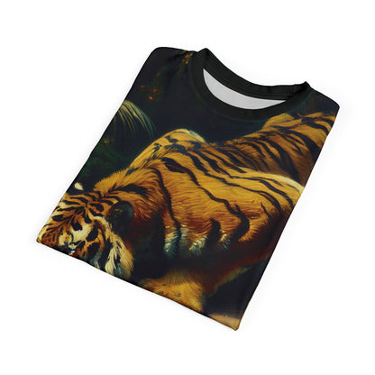 Tiger Drinking Vibrant Art Tee | Colorful Unisex Cut & Sew T-Shirt, Wildlife Apparel, Unique Graphic Tee, Birthday Gift