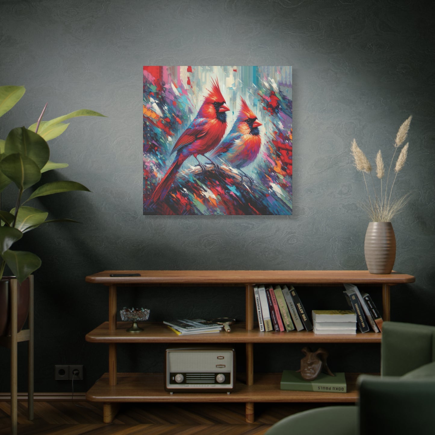 Early Winter Cardinal Pair Expressionist Canvas Wall Art
