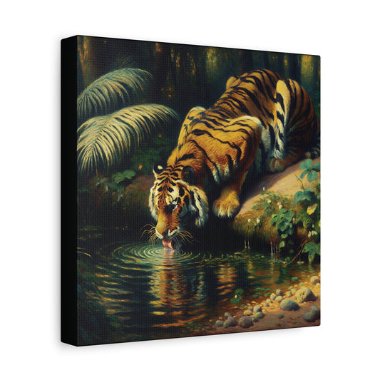 Canvas print of tiger by a water body with foliage.