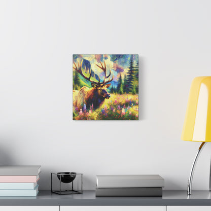 Bull Elk in Mountain Meadow Impressionist Canvas Art Print