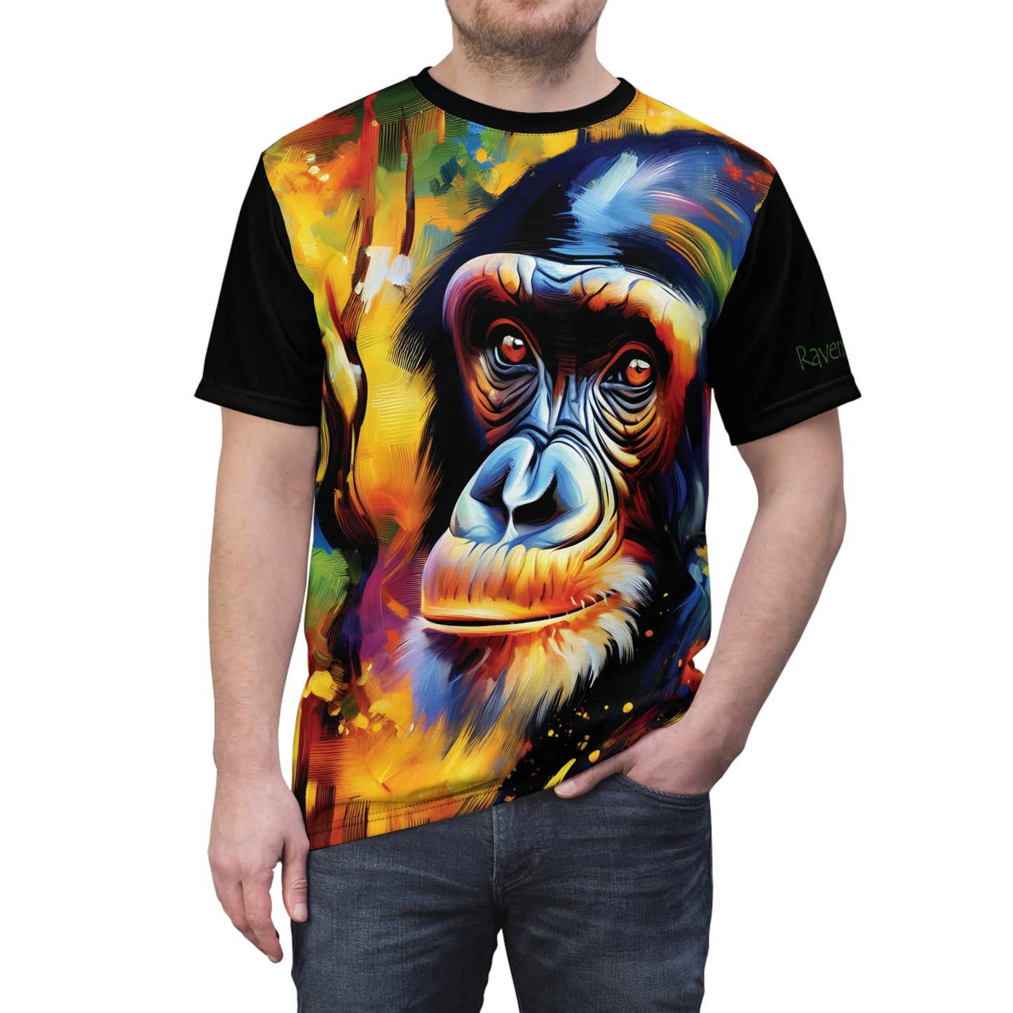 Curious Bonobo Vibrant Art Tee | Colorful Unisex Cut & Sew T-Shirt, Wildlife Apparel, Unique Graphic Tee, Birthday Gift