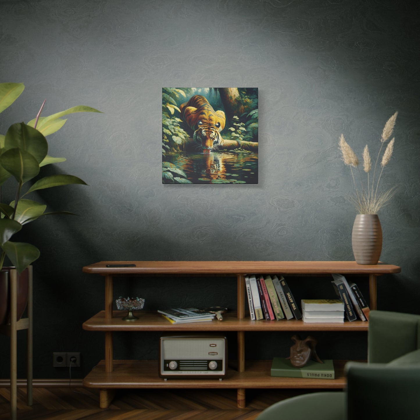 Tiger at Pond Impressionist Canvas Art Print