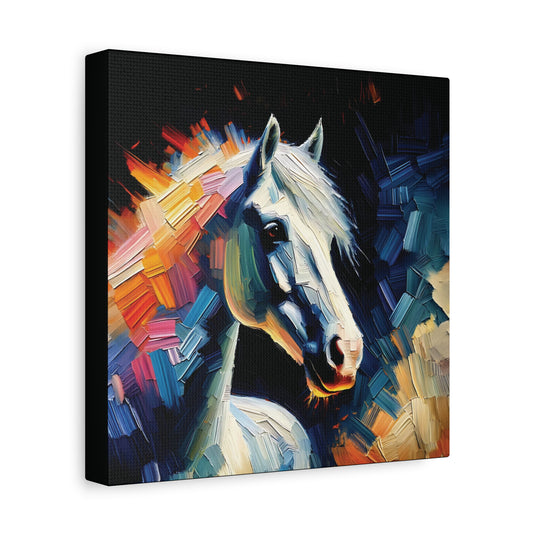 Colorful abstract painting of an Arabian horse on a black background