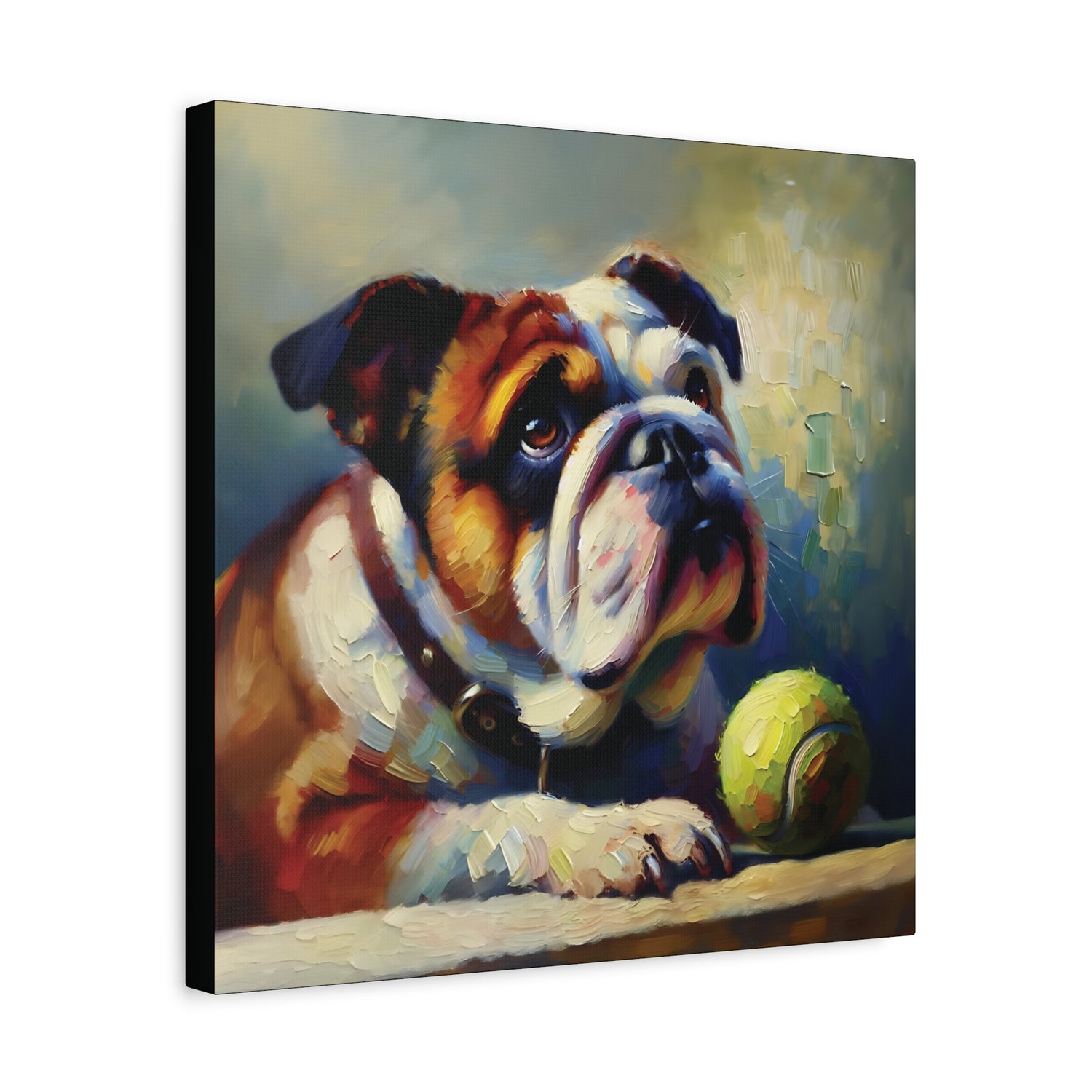 Painting of a bulldog with a tennis ball on a wooden surface