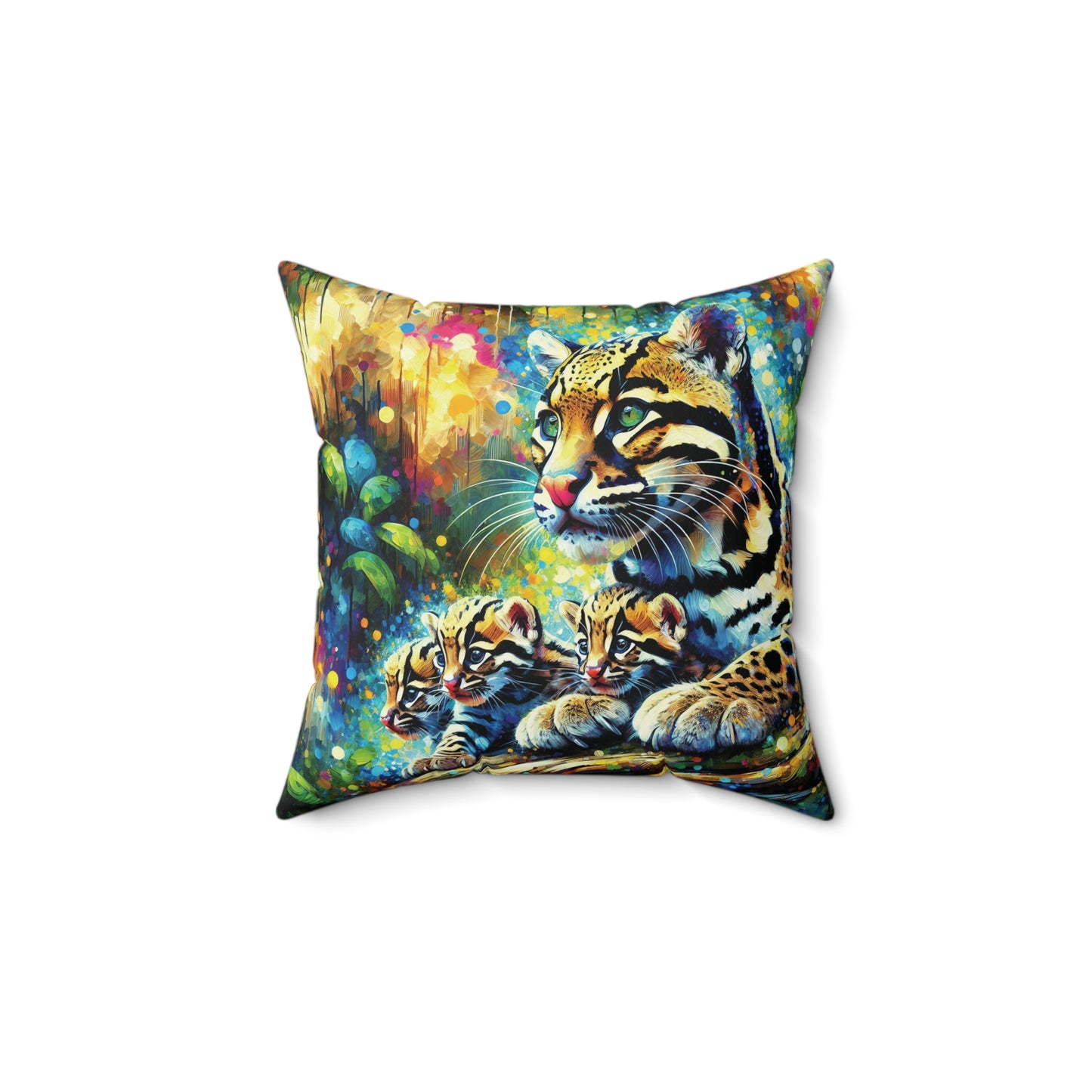 Clouded Leopard with Cubs - Square Pillow