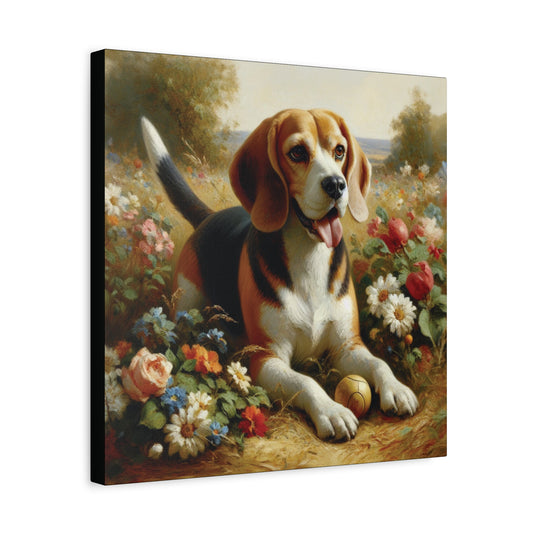 Canvas print of a beagle dog in a garden with flowers and a ball