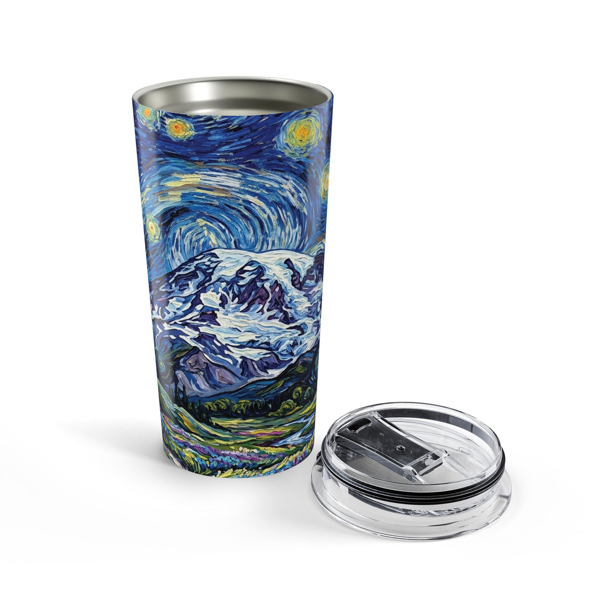 20oz Starry Night Mt Rainier Tumbler — Insulated Travel Cup with Van Gogh Style Landscape