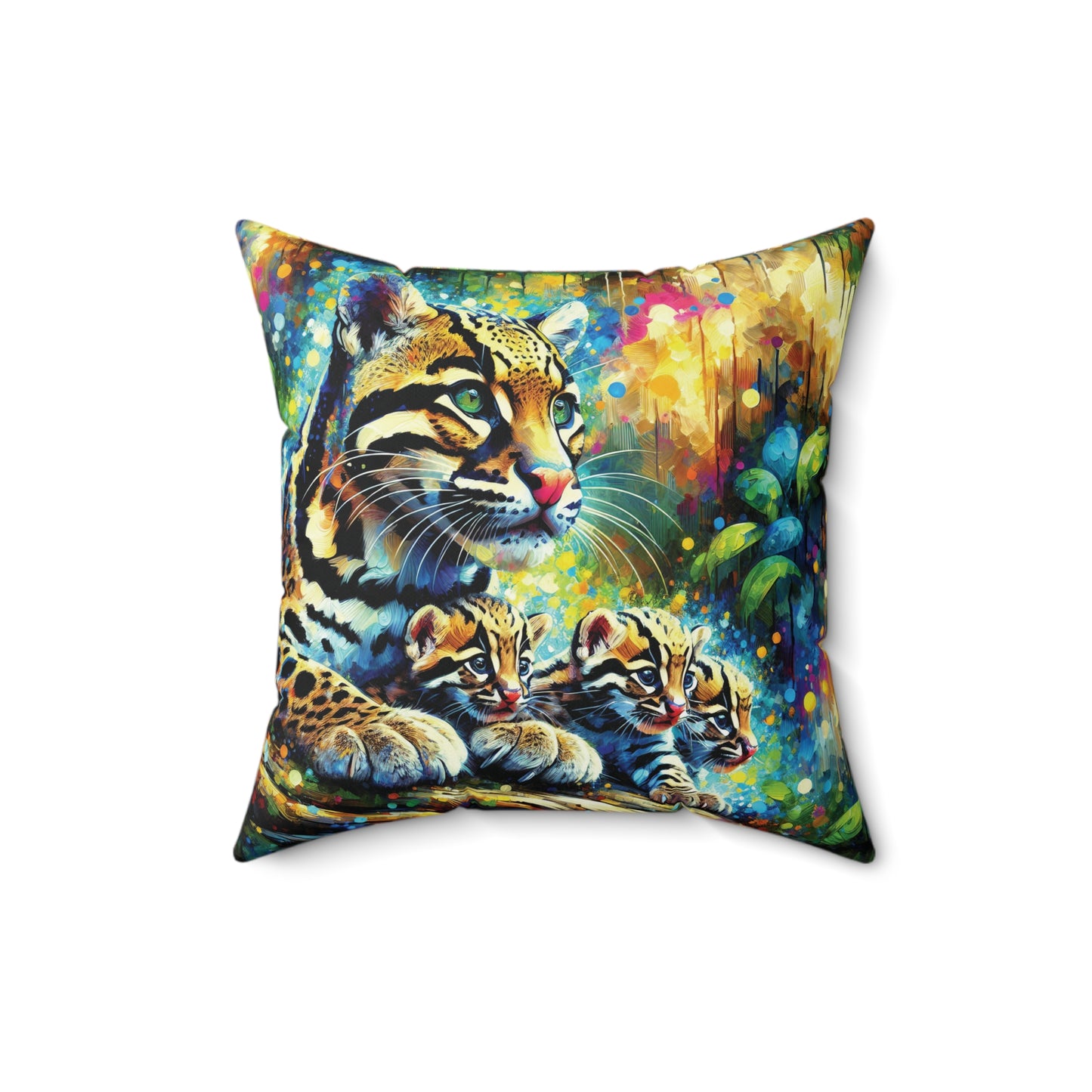 Clouded Leopard with Cubs - Square Pillow