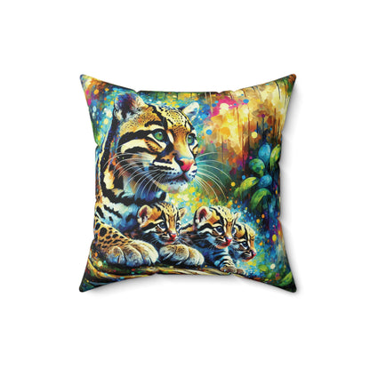 Clouded Leopard with Cubs - Square Pillow