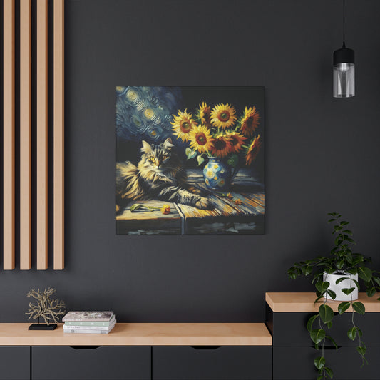 Canvas Wall Art - Grey Tabby Cat with Sunflowers - Old Master Style Art