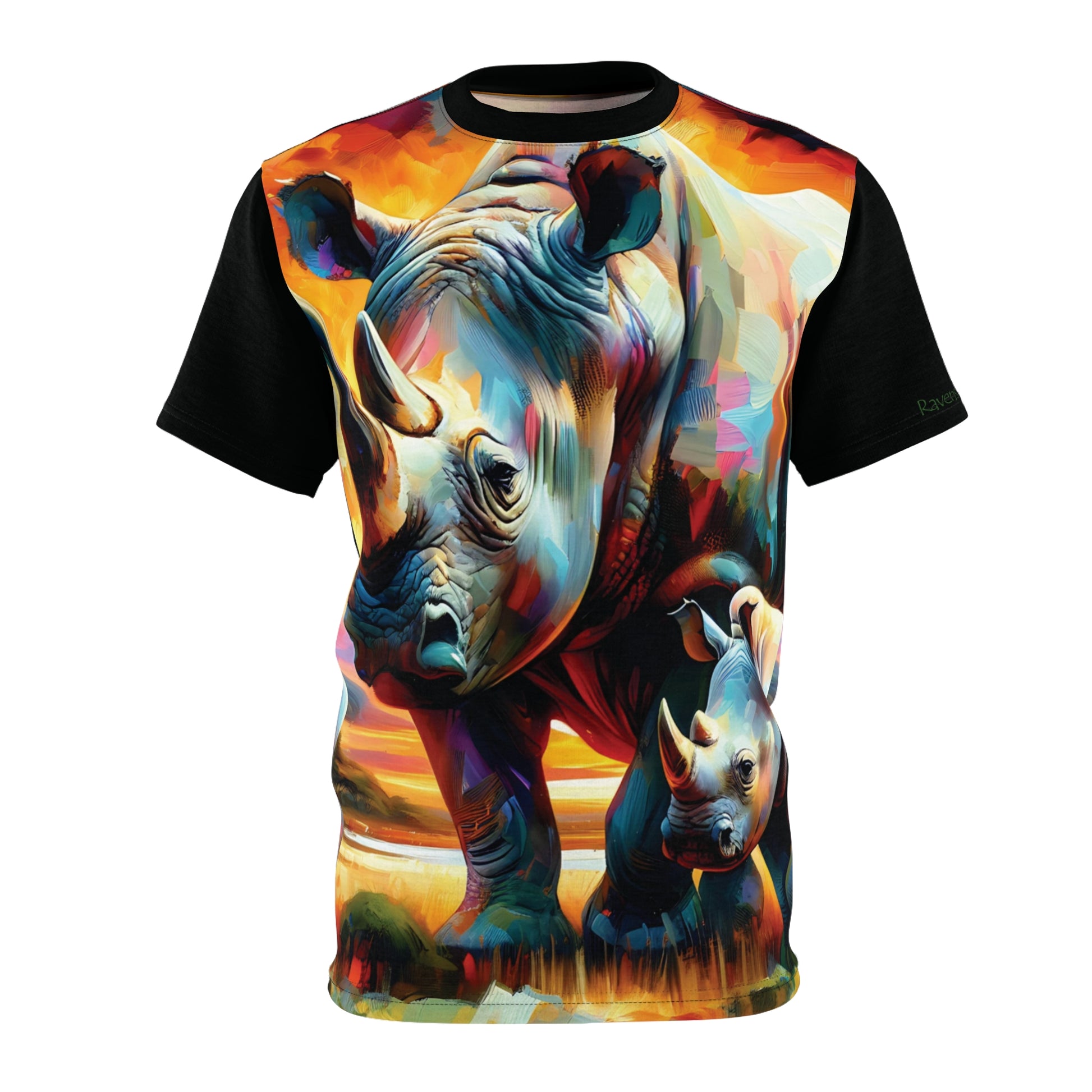 T-shirt with a colorful rhino design on a white background
