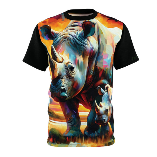T-shirt with a colorful rhino design on a white background