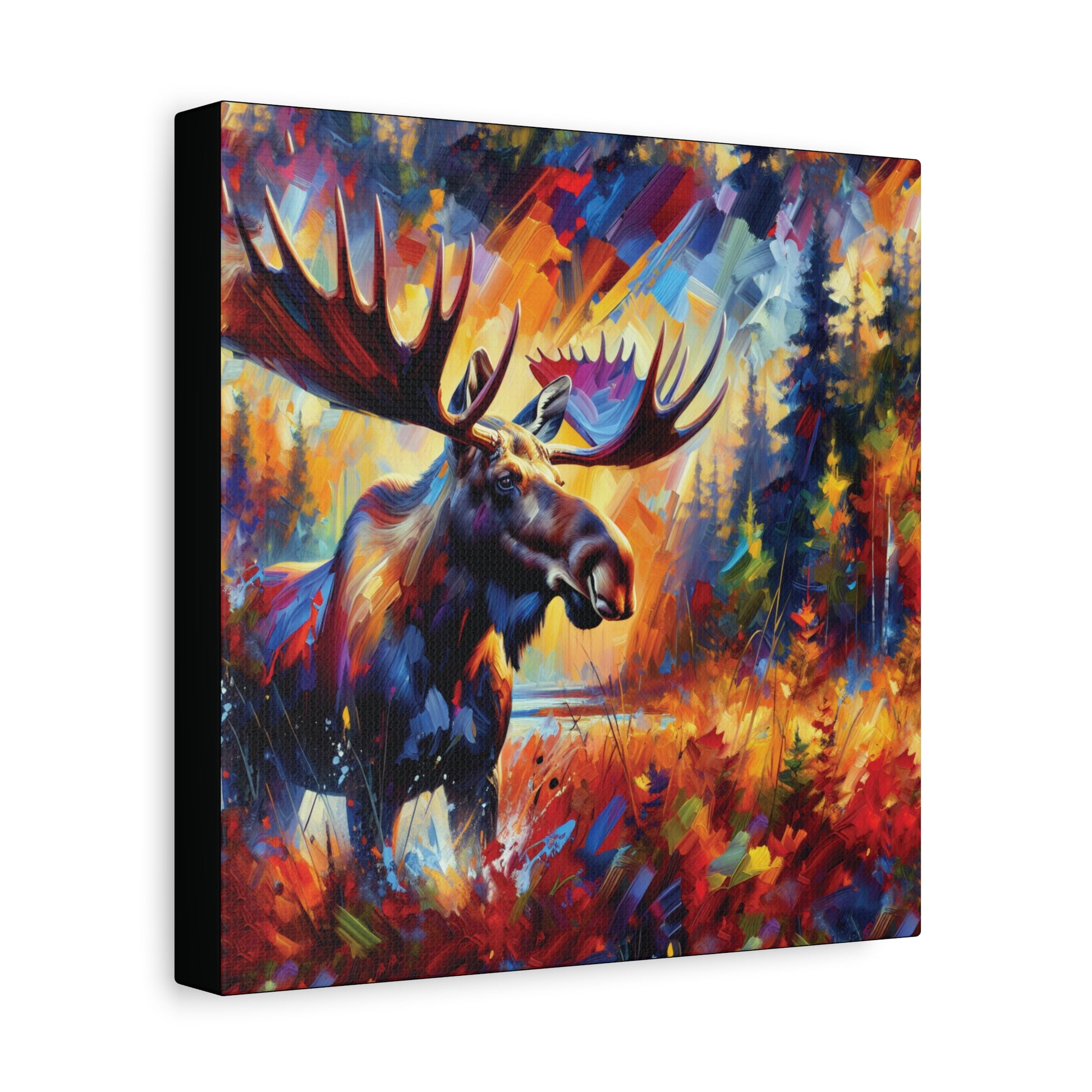 Colorful painting of a moose in a forest setting 