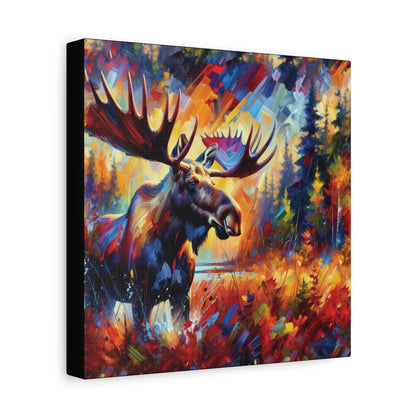 Colorful painting of a moose in a forest setting 