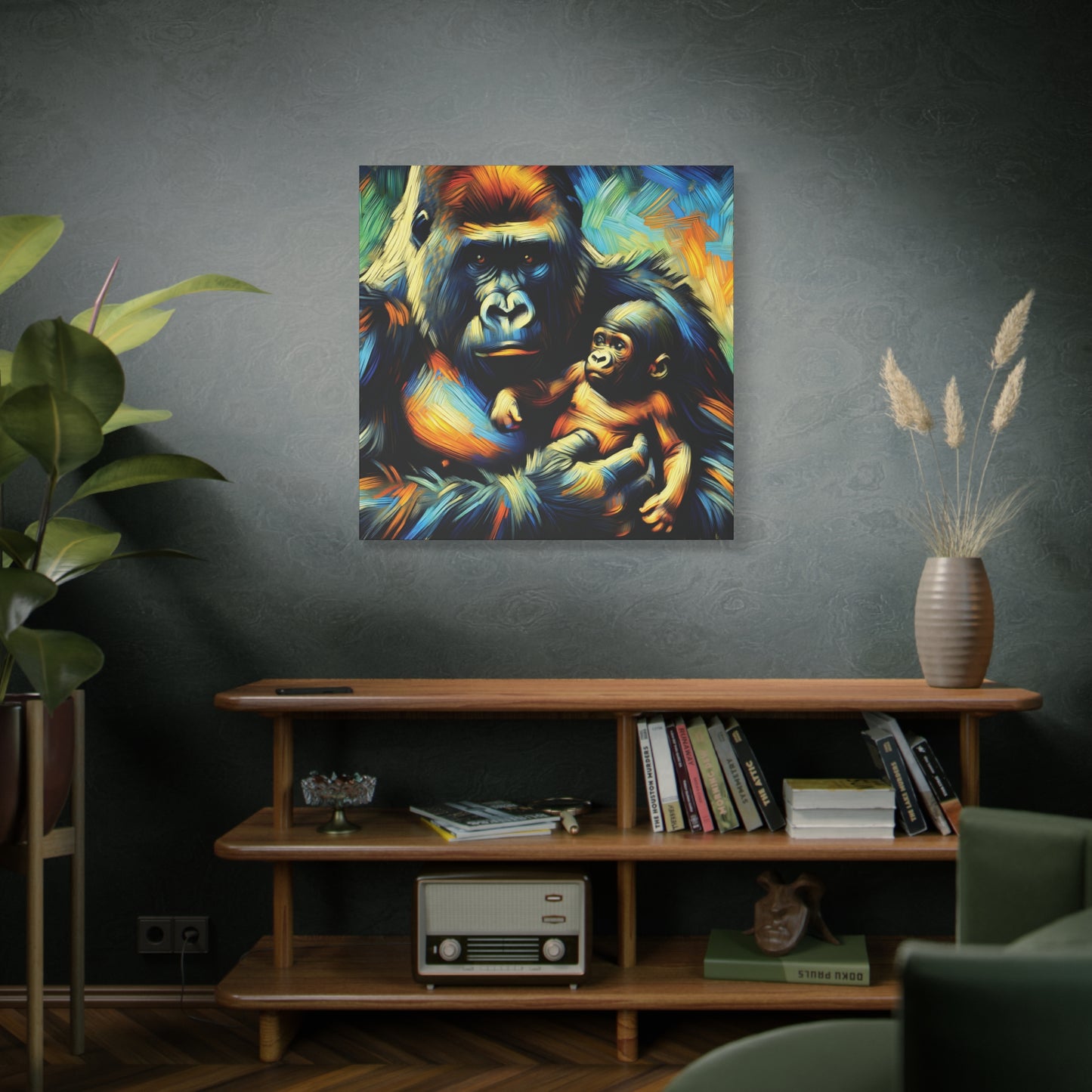 Gorilla Holding Baby Expressionist Canvas Art Print